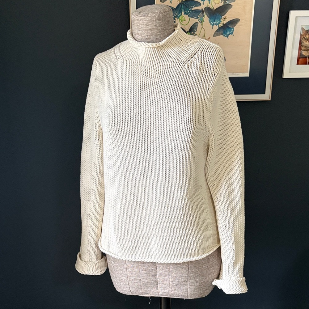 Cream Knit Mock Neck Chunky 100% Cotton Sweater Size XL